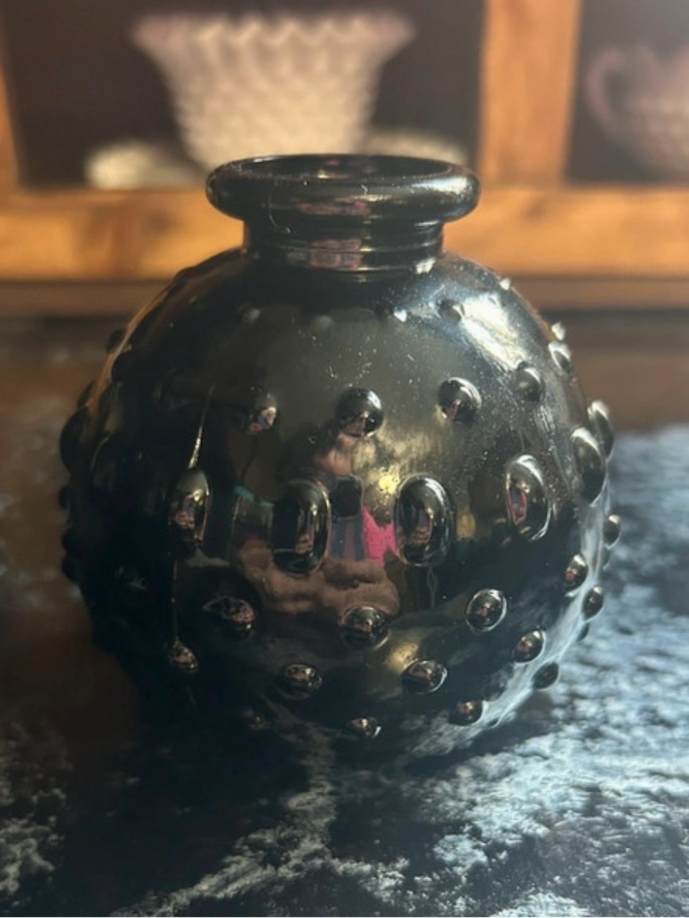 Black Amethyst Glass Hobnail Ball Bud Vase Vintage 1930s Mid-Century